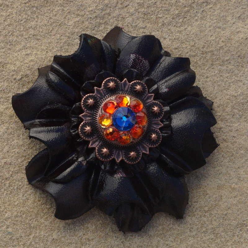 Black Carnation Flower With Copper Capri and Fire Opal 1" Concho