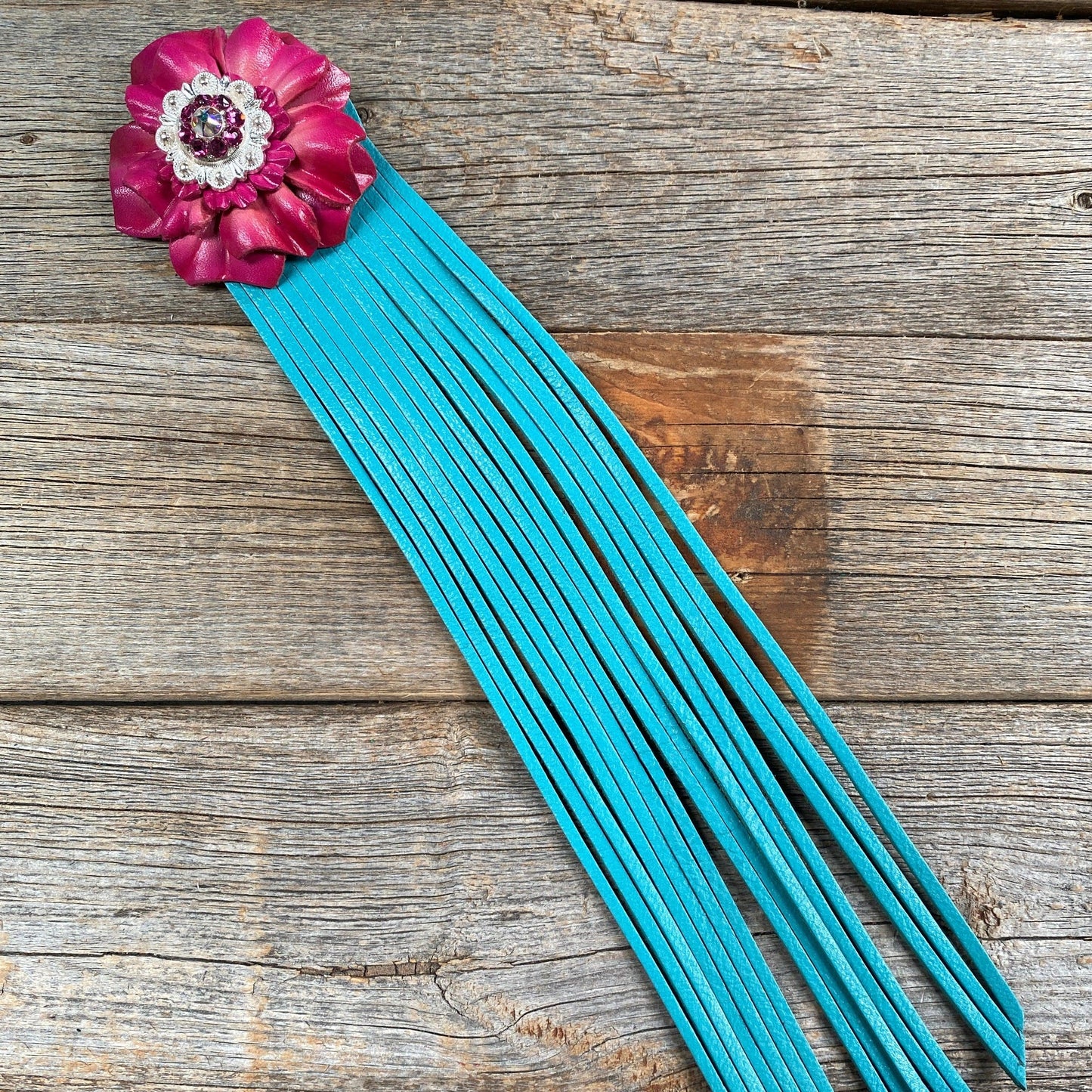 Leather Pink Carnation with Turquoise Fringe