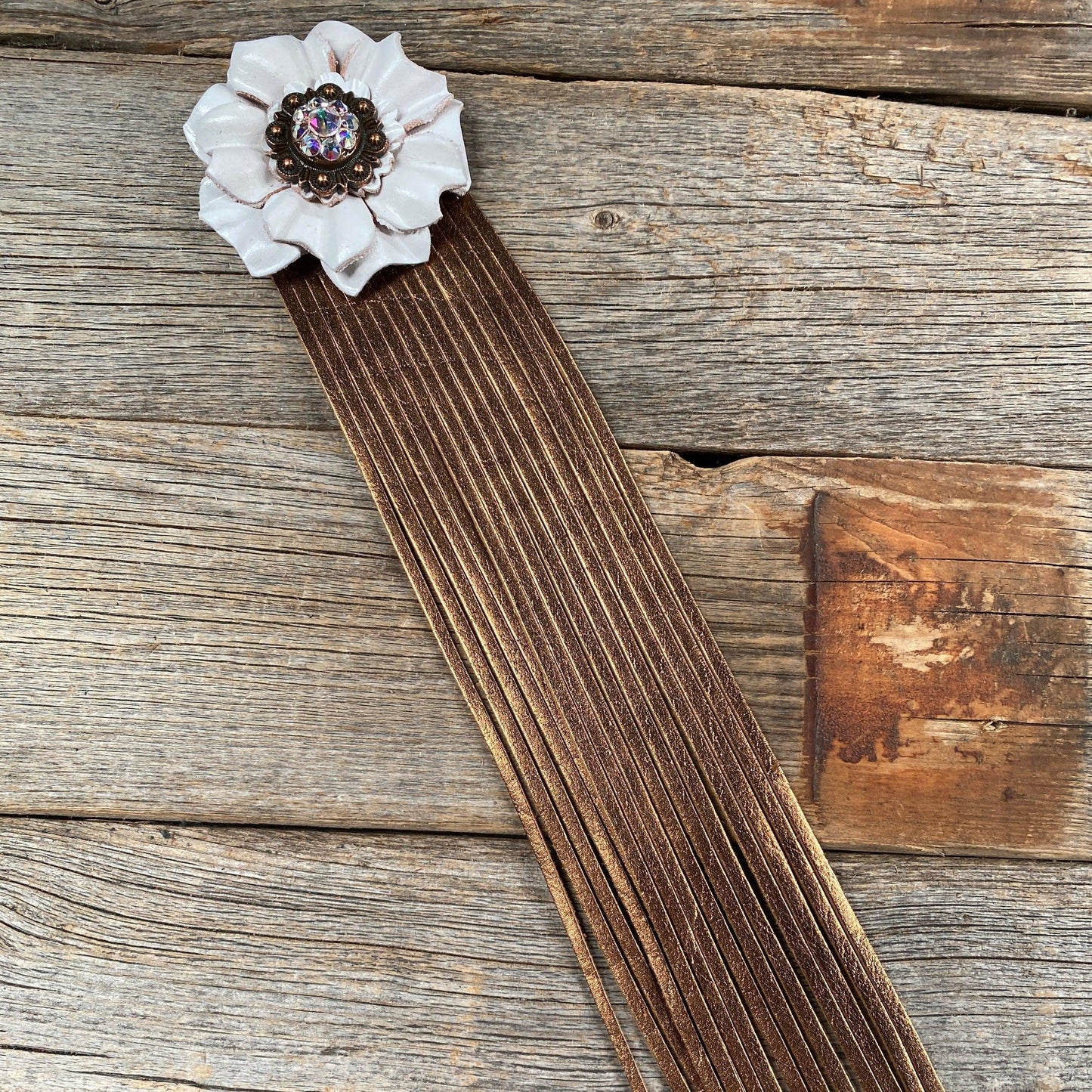 Leather White Carnation with Copper Fringe