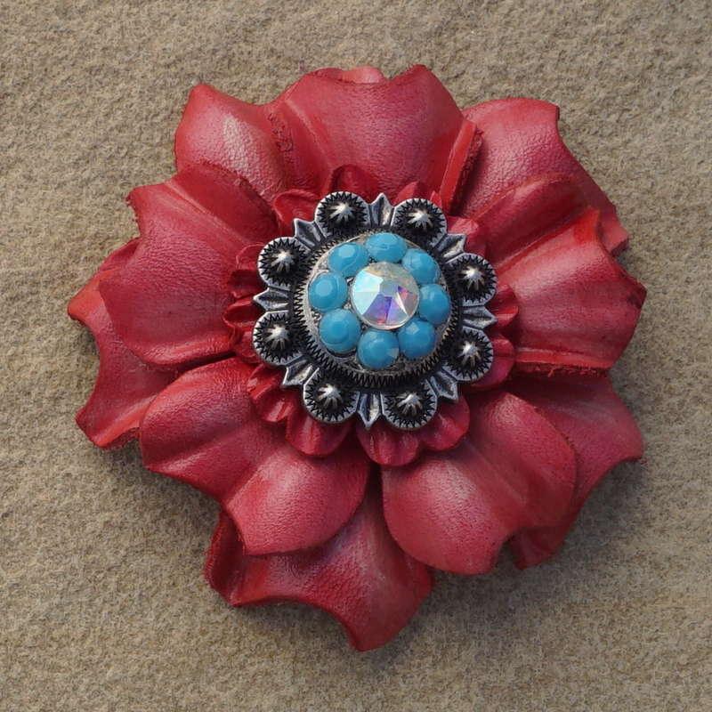 Pink Carnation Flower With Antique Silver Turquoise and AB 1" Concho