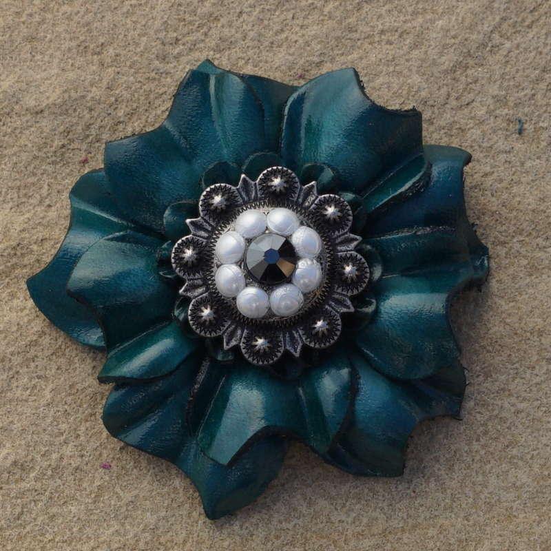 Teal Carnation Flower With Antique Silver Jet and Pearl 1" Concho