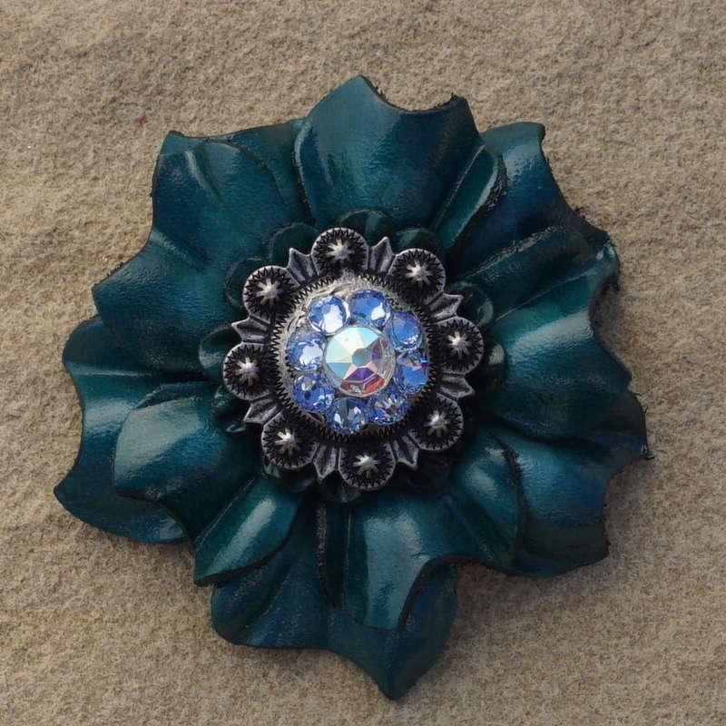 Teal Carnation Flower With Antique Silver Light Sapphire and AB 1" Concho
