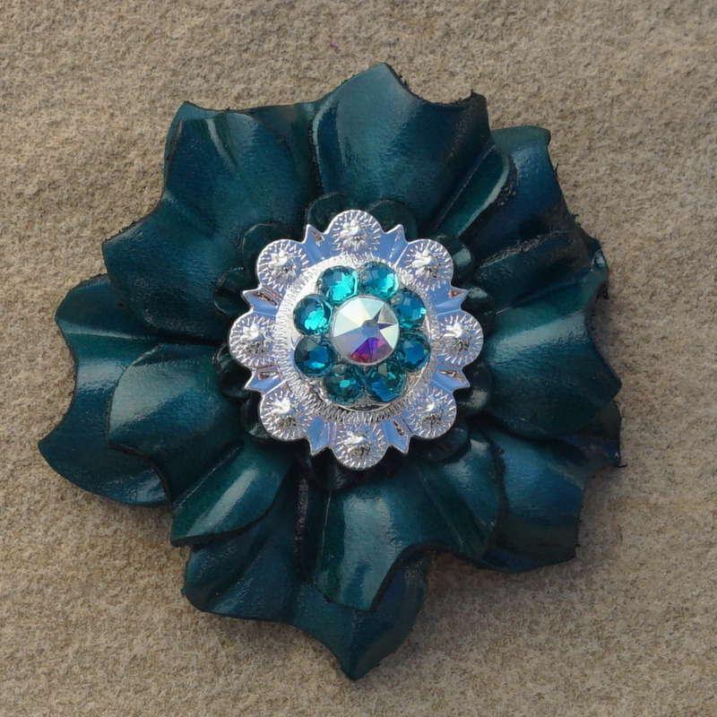 Teal Carnation Flower With Bright Silver Teal and AB 1" Concho