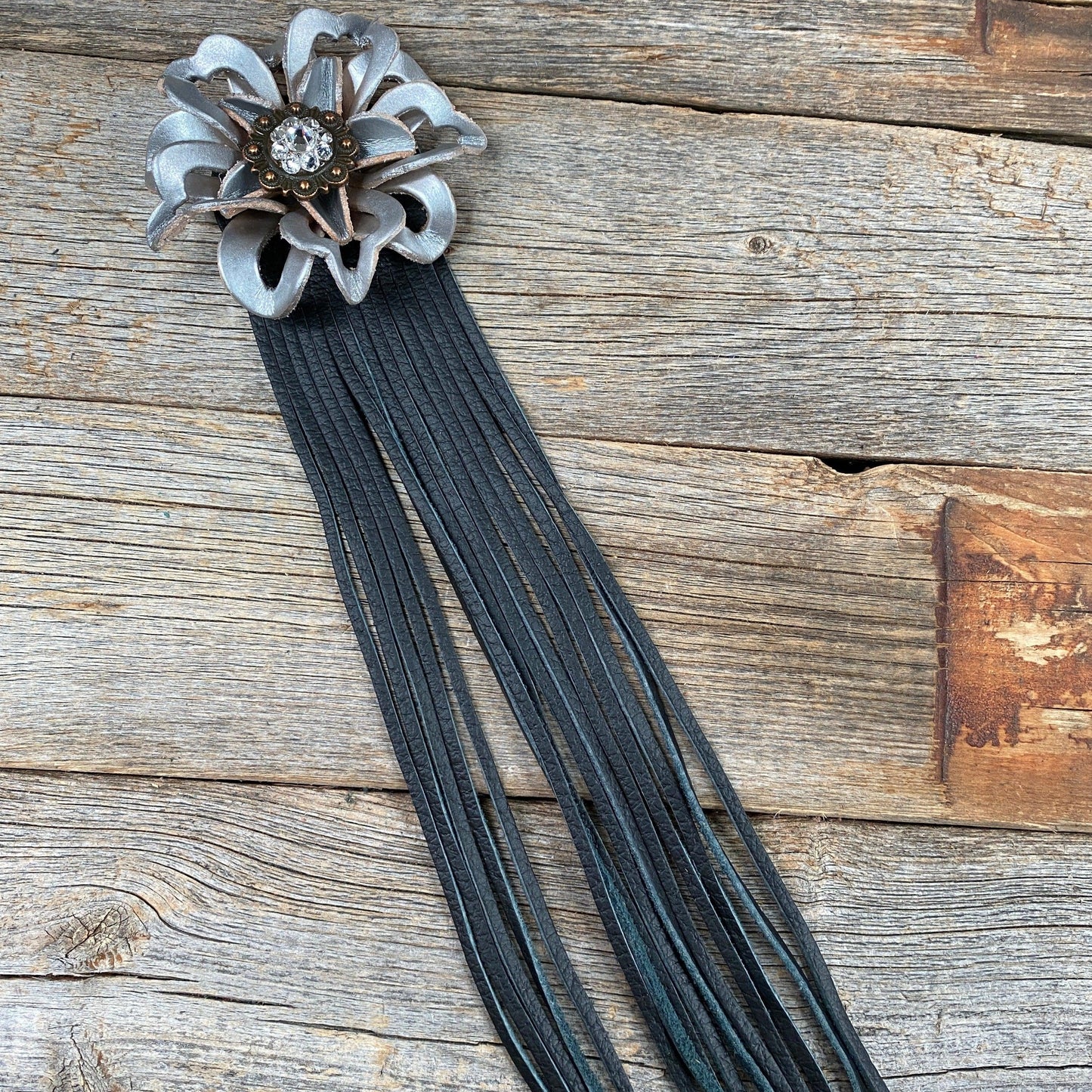 Leather Silver Lotus with Black Fringe