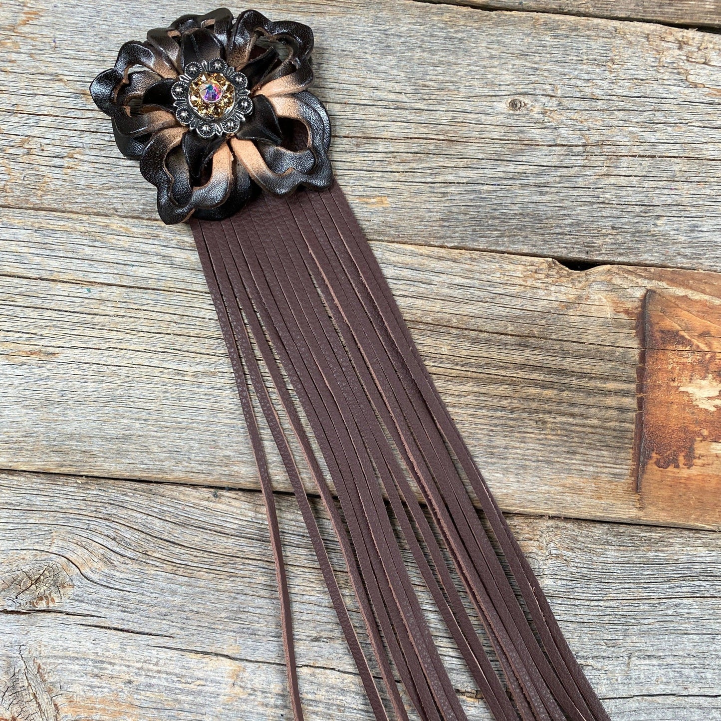 Leather Black Lotus with Brown Fringe