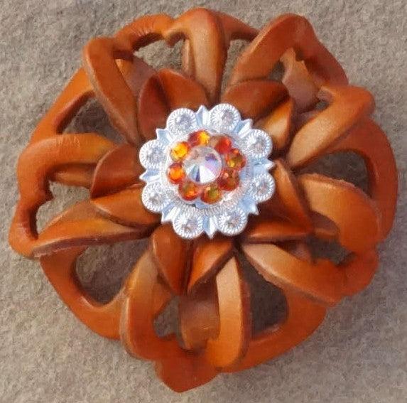 Orange Lotus Flower With Bright Silver Fire Opal & Clear 1" Concho