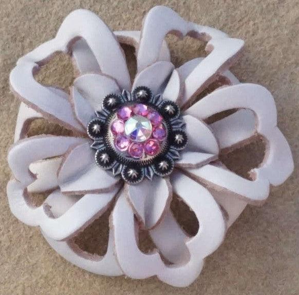 White Lotus Flower With Antique Silver Pink and AB 1" Concho
