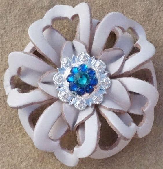 White Lotus Flower With Bright Silver Teal and Capri 1" Concho