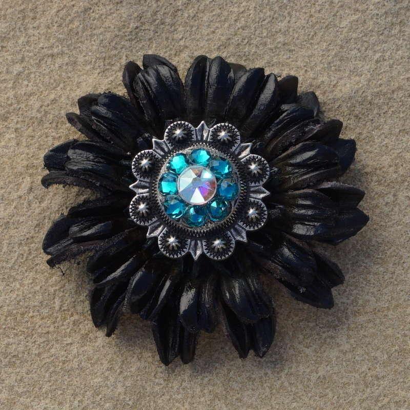 Black Daisy Flower With Antique Silver Teal and AB 1" Concho