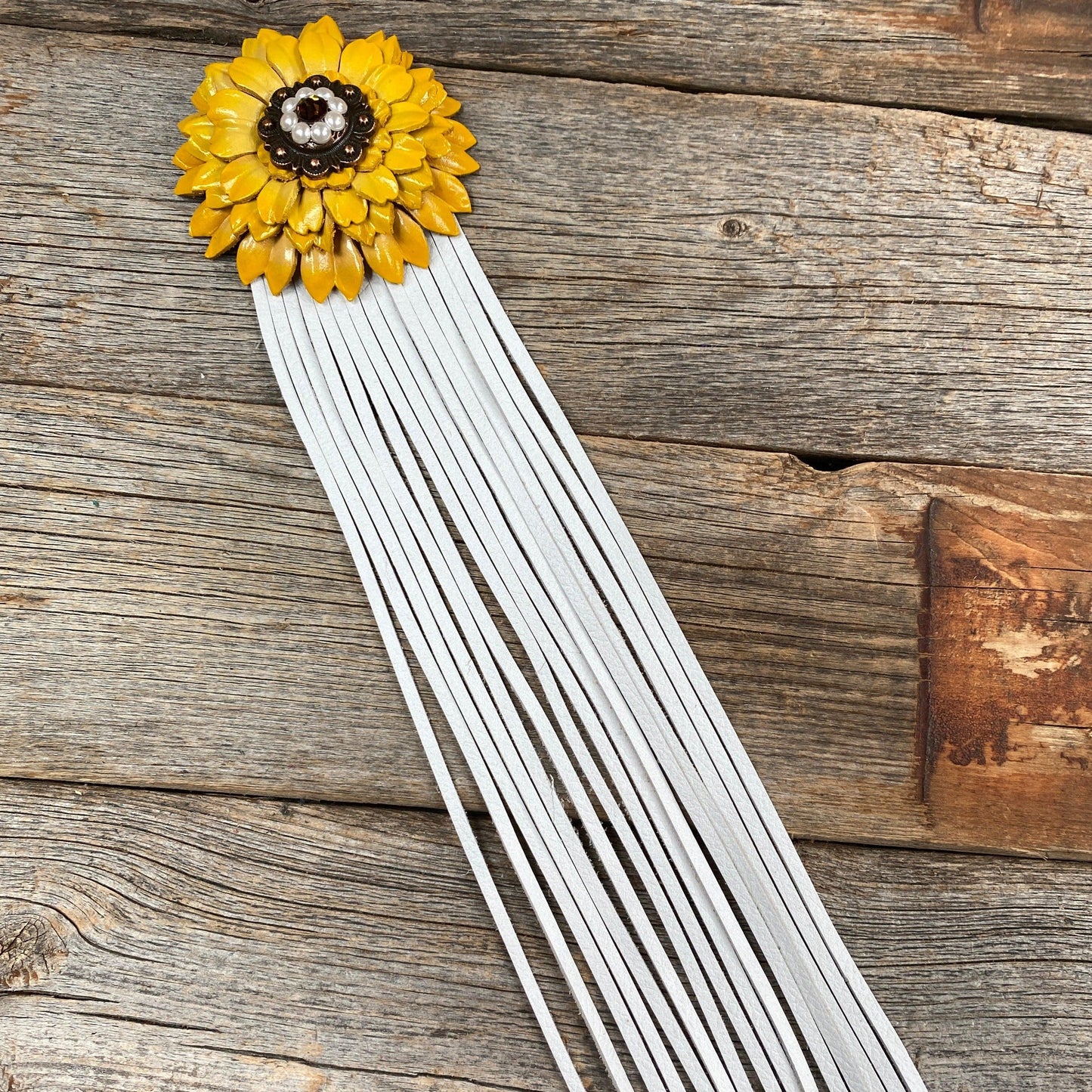 Leather Yellow Daisy with White Fringe