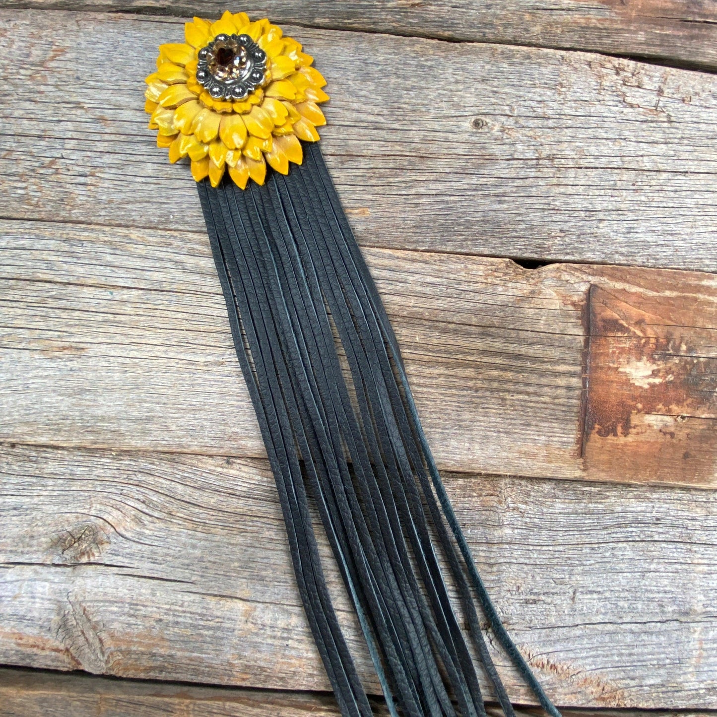 Leather Yellow Daisy with Black Fringe