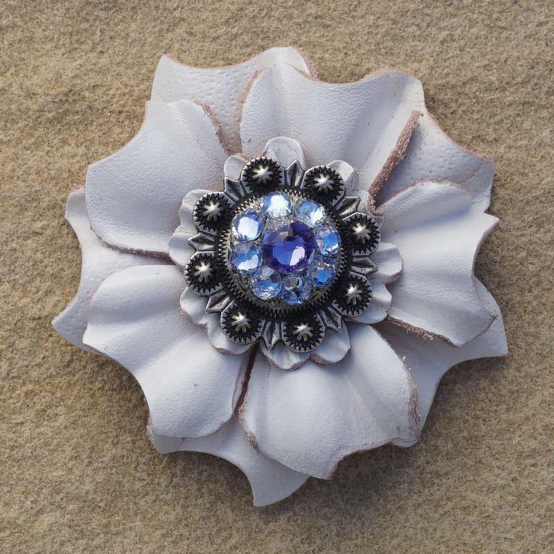 White Carnation Flower With Antique Silver Lilac and Light Sapphire 1" Concho