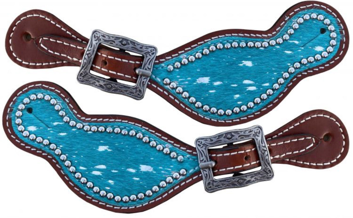 Showman Ladies teal Hair on Cowhide spur straps with acid wash spots
Product ID: 30984