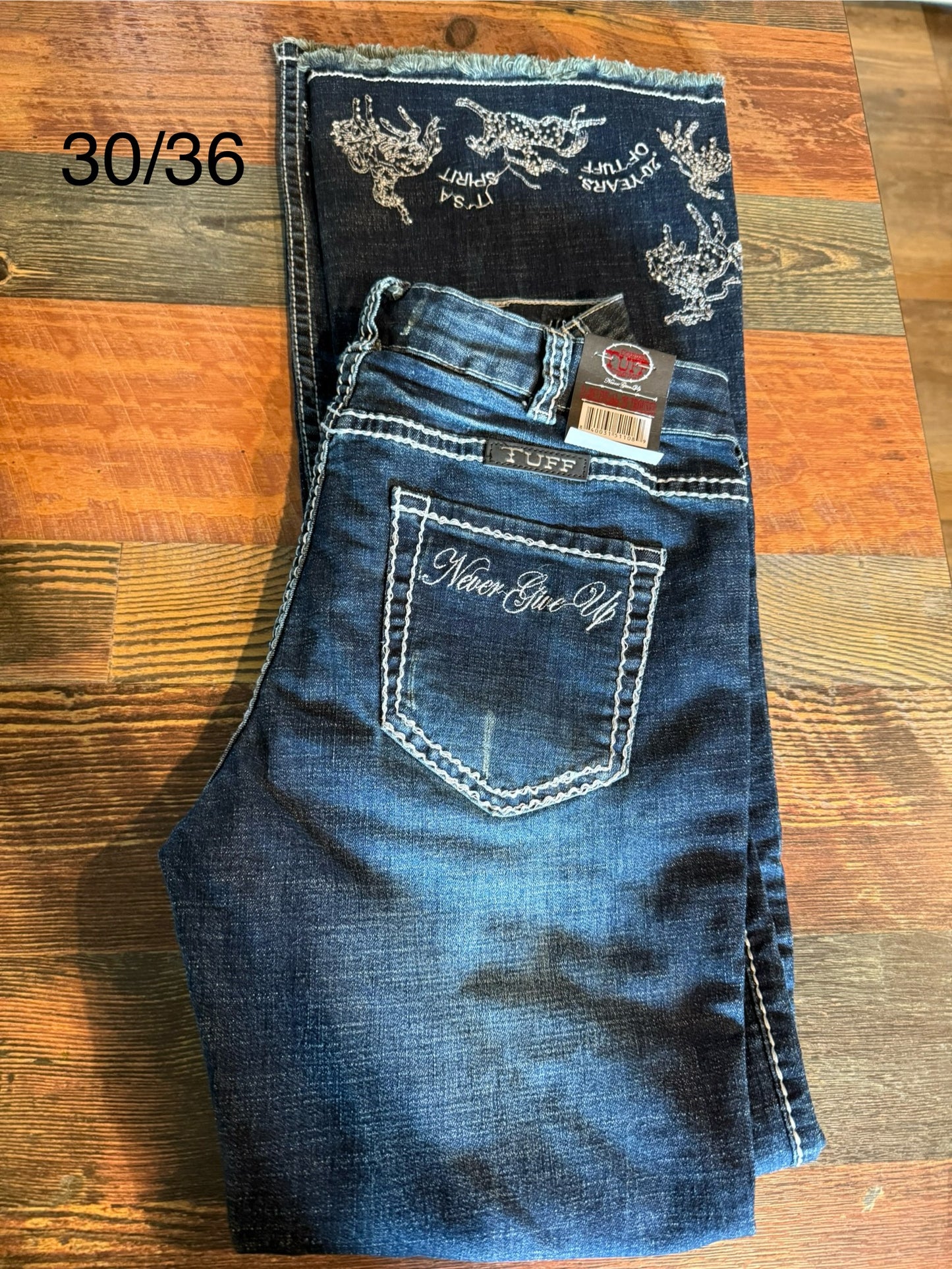 “Never Give Up” Cowgirl Tuff Jeans 30/36 Brand New