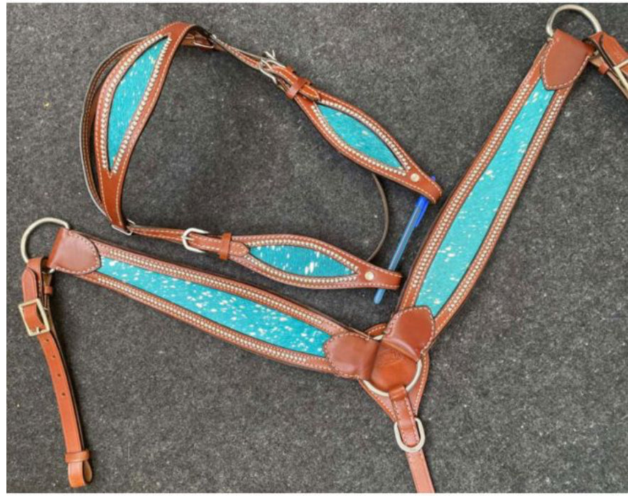 Showman Teal Acid Wash Cowhide Browband Headstall and Breastcollar Set Product ID: 14538