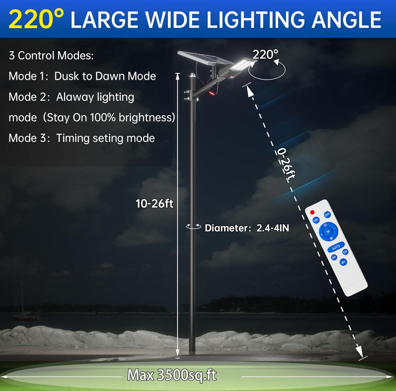 9500W Aluminum Solar Street Lights Outdoor, 500000LM High Powered Commercial Parking Lot Lights 6500K Dusk to Dawn with Remote