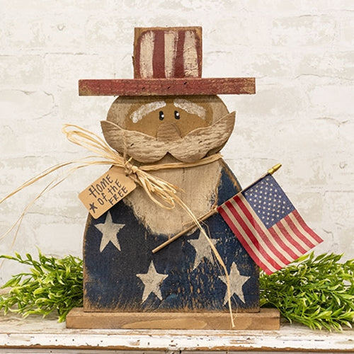 Rustic Wood Uncle Sam Patriotic Decor on Sitter Base