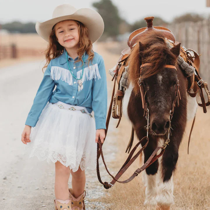 Shea Baby Denim Fringe Pearl Snap Shirt