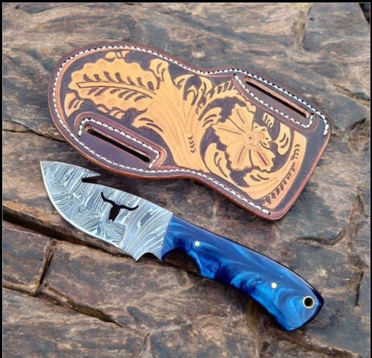 Premium 9" Damascus Guthook Skinning Knife with Resin Handle