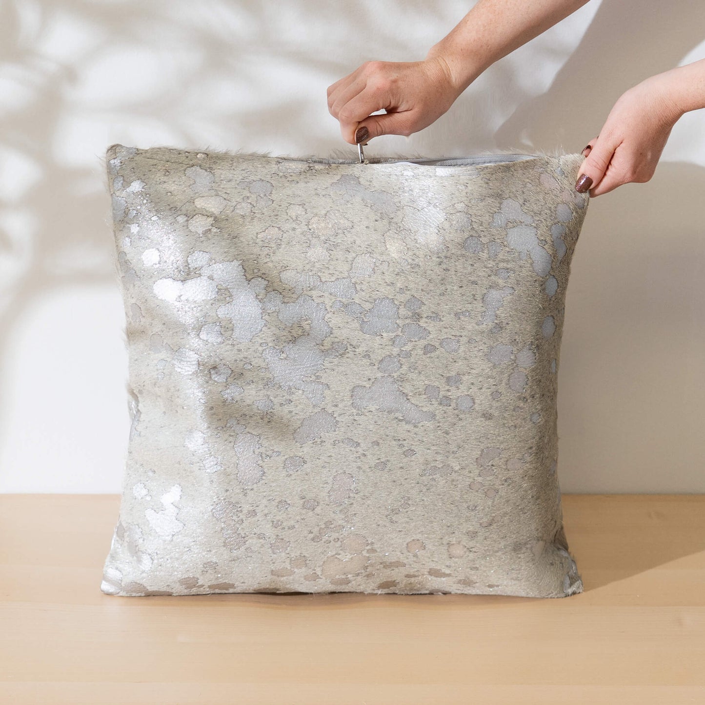 Metallic Silver Cowhide Pillow