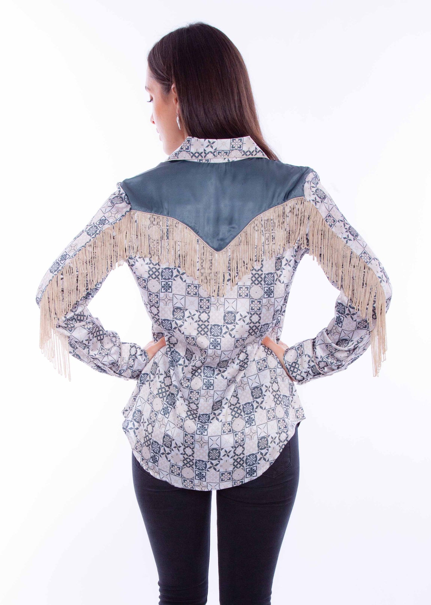 Print Blouse W/back Fringe - HC866