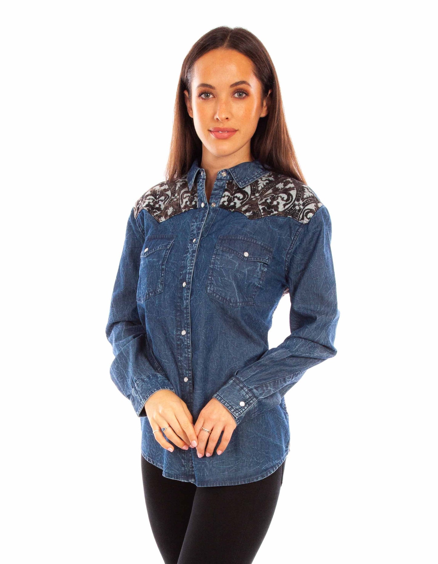 Denim Blouse W/jacquard Contrast - HC876