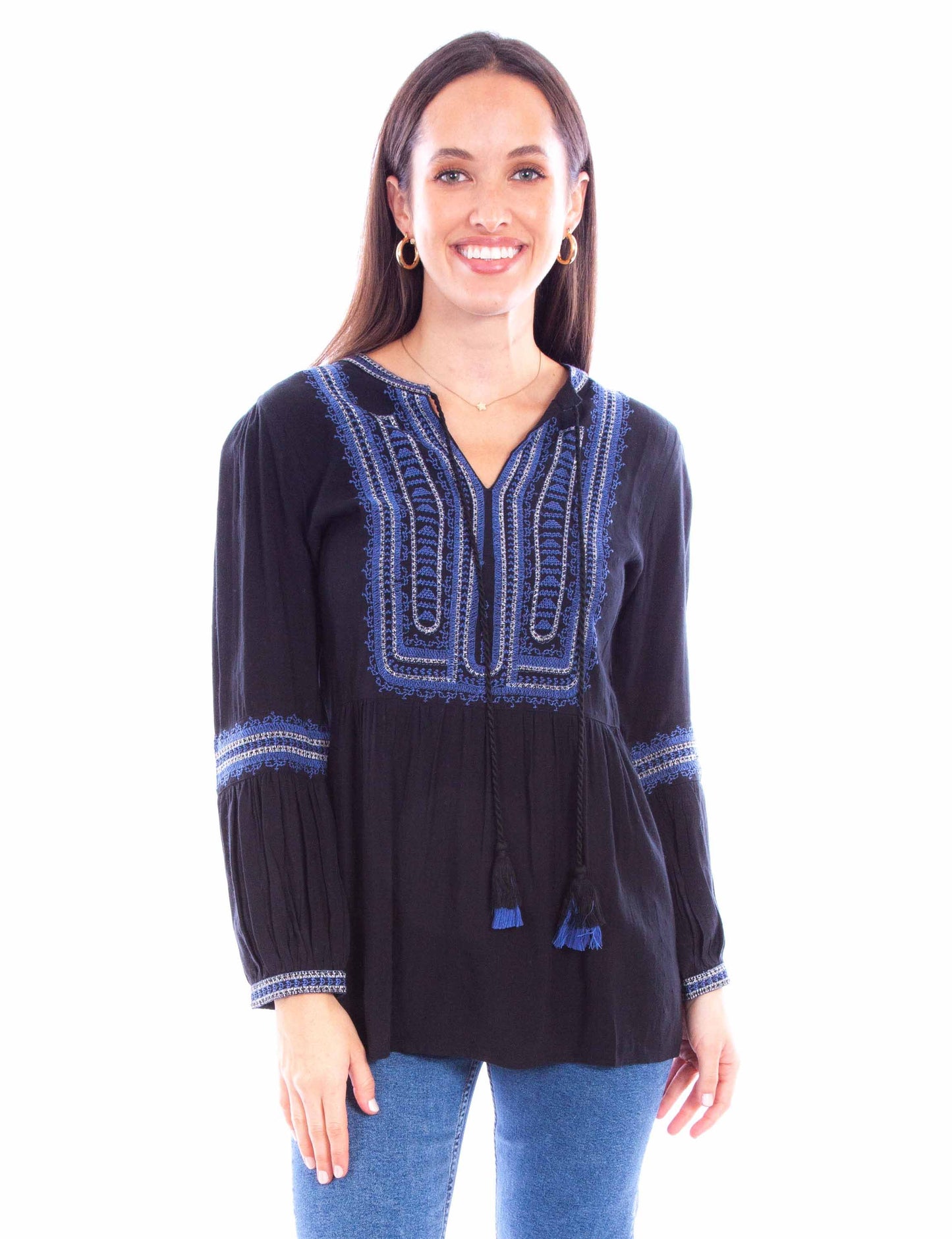Tie Front Emb Blouse W/emb Sleeves - HC879