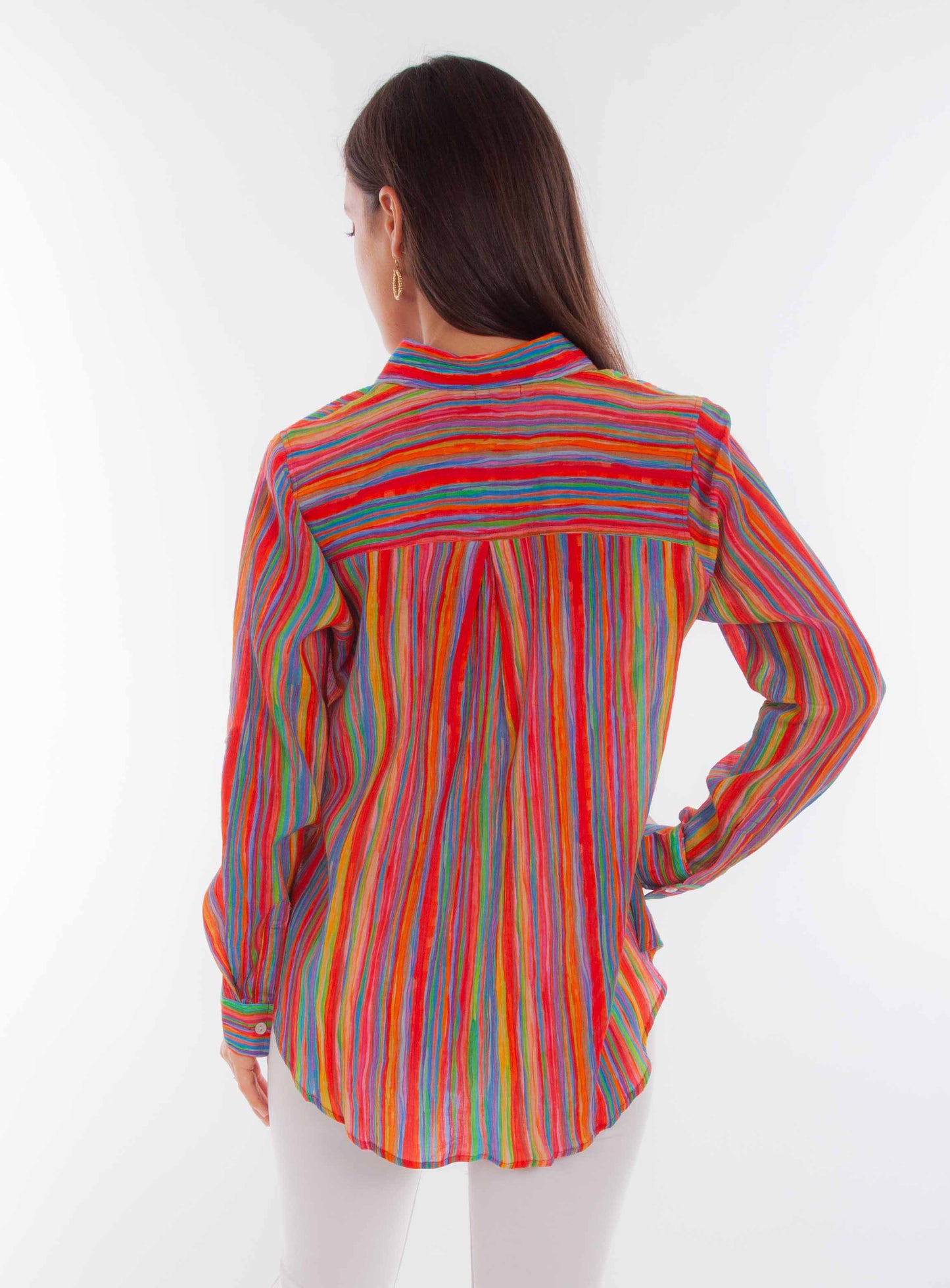 Colorful Stripe Print Button Up Blou - HC888