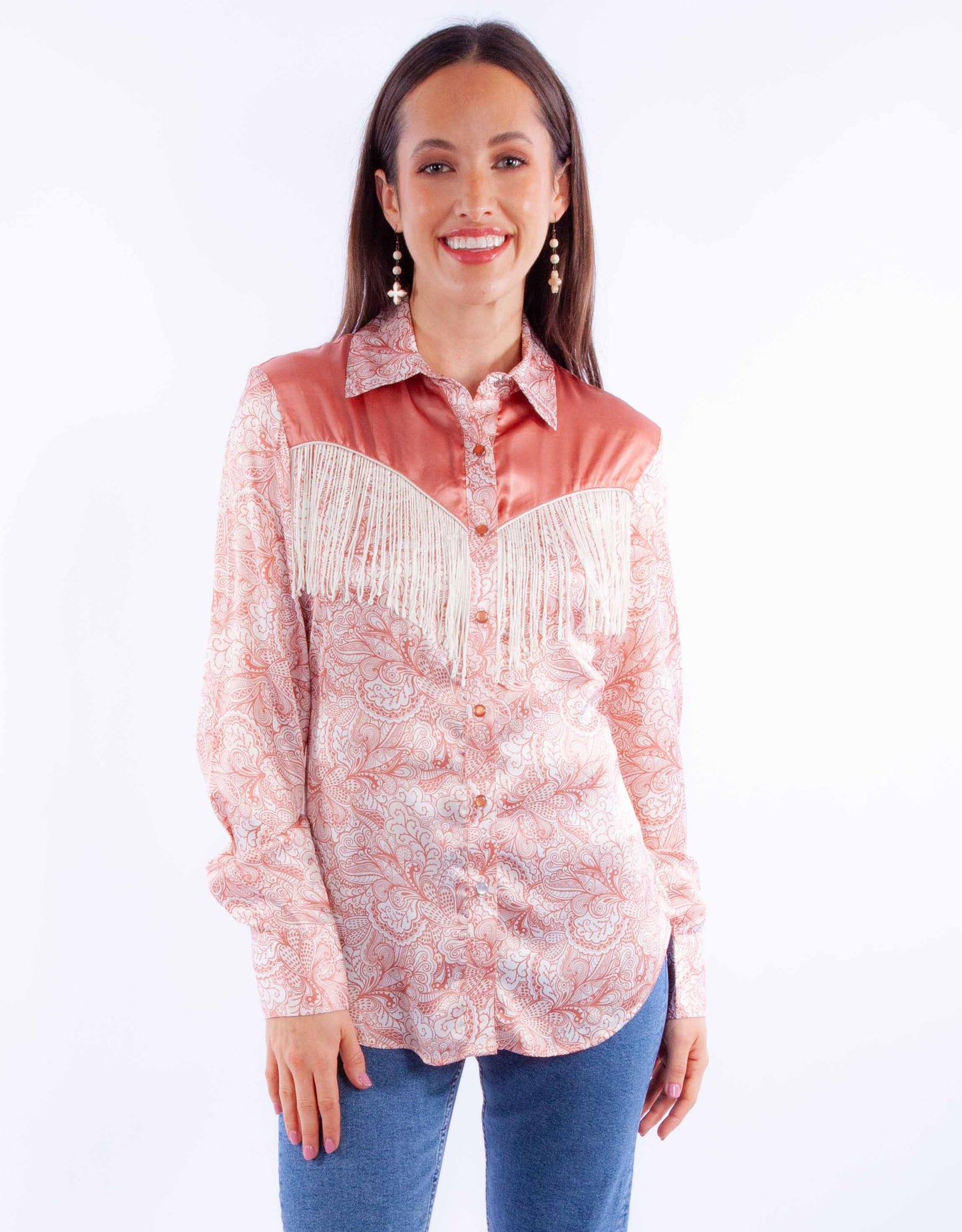 Print Blouse W/solid Yokes & Fringe - HC928