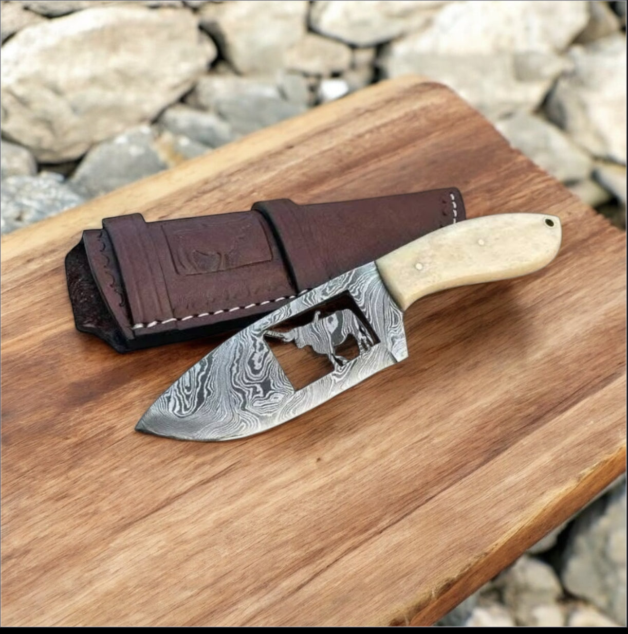 Handcrafted Cowboy Belt Knife – Damascus Steel & Camel Bone | 7" Ranch EDC