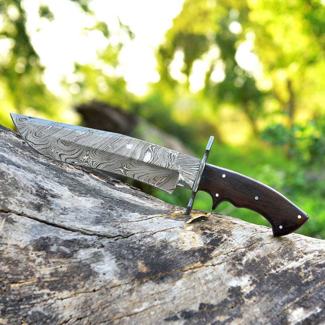 Custom Handmade 13" American-Made Damascus Steel Bowie Knife with Rosewood Handle and Leather Sheath