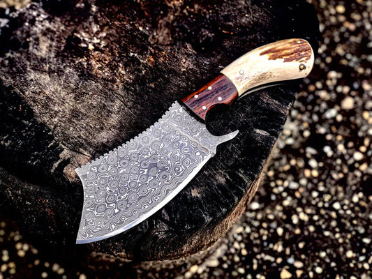 Handmade Damascus Steel Cleaver Knife with Antler Horn Handle & Rosewood Bolster - Includes Leather Sheath