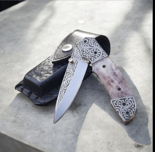 Custom Handmade Engraved Pocket Knife – D2 Steel Blade & Steel Handle