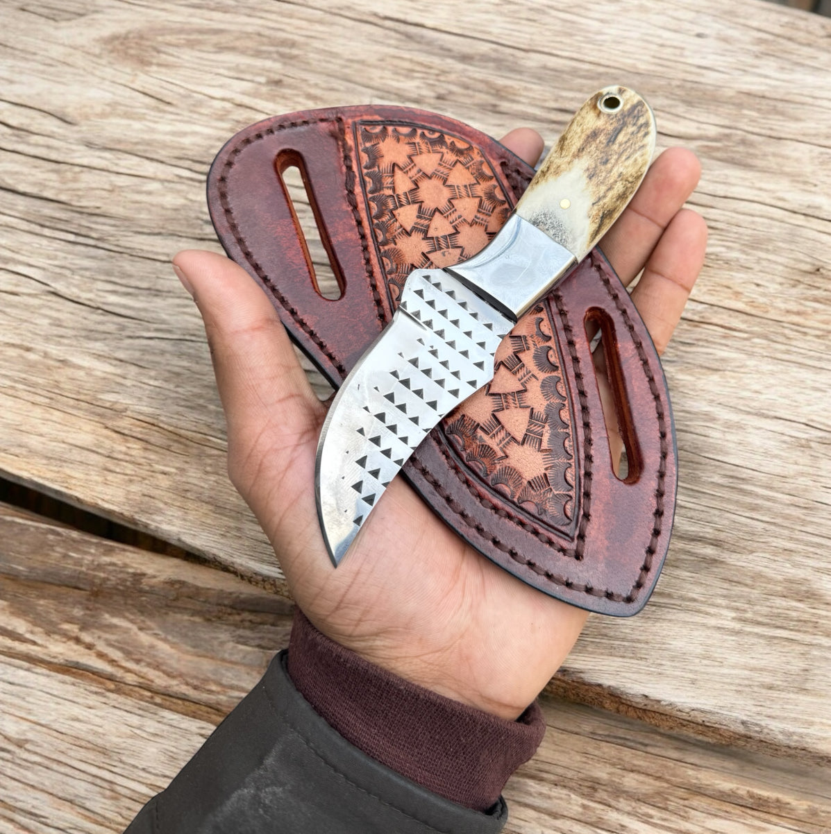Handmade Ranch Cowboy Knife with Stag Horn Handle | Winter Survival Leather Sheath