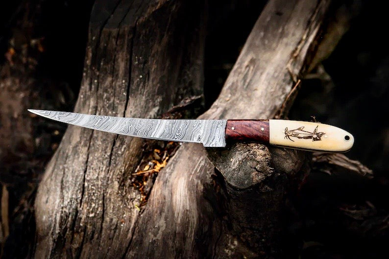 Custom Handmade Filleting Knife for Fish – 13" Damascus Steel Blade with Camel Bone & Rosewood Handle
