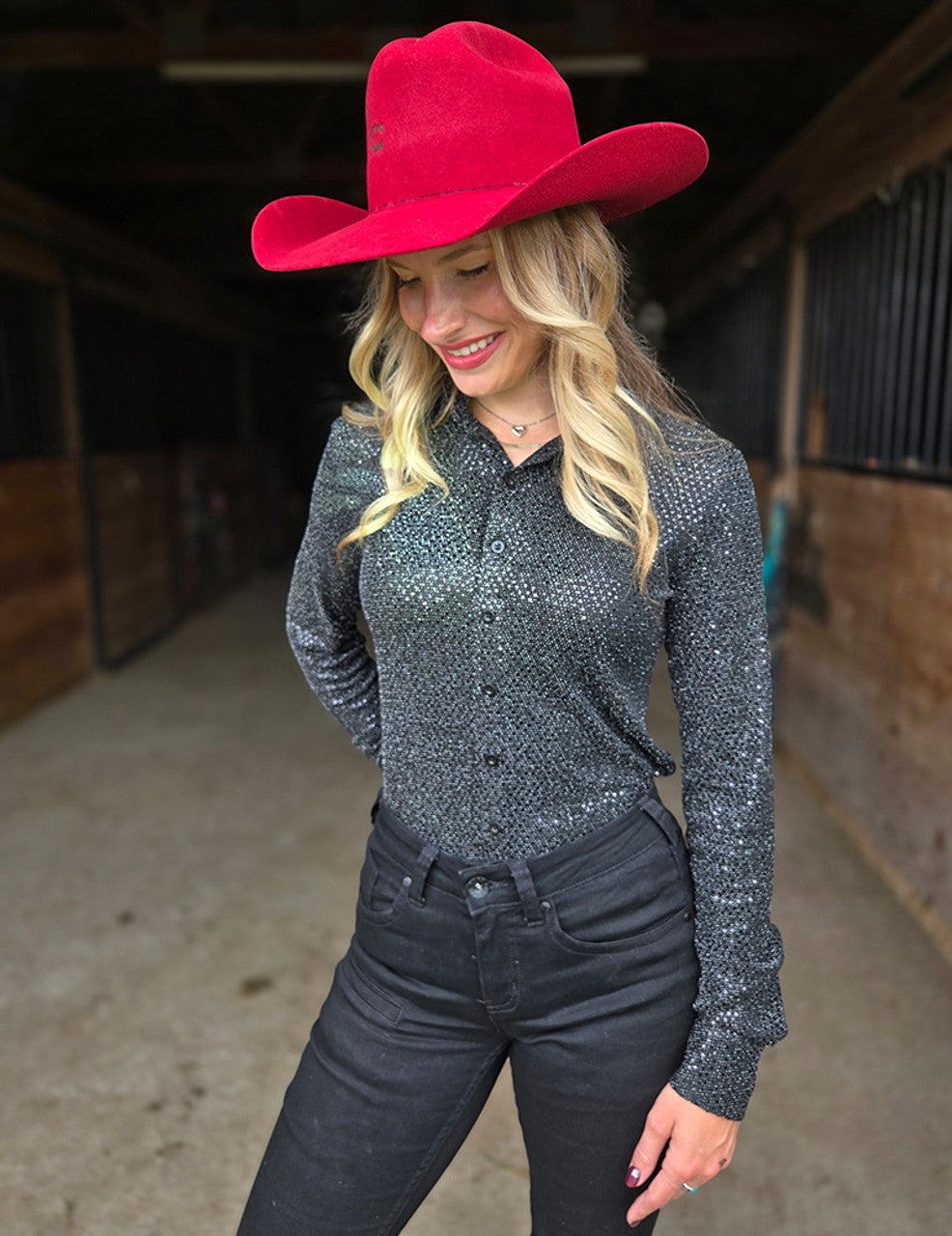 Black Tiny Sequins Stretch Jersey Lighweight Pullover Button Up
