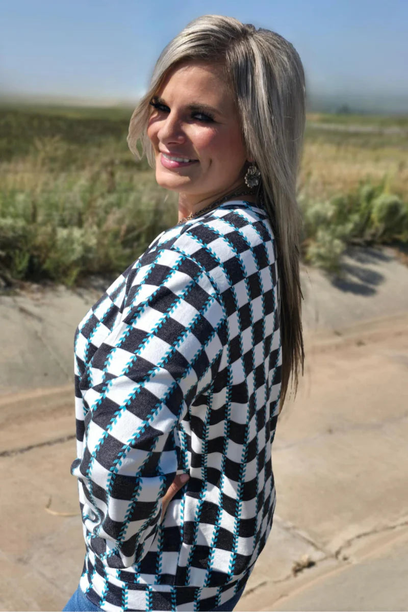 CHECKED IN TURQUOISE LONG SLEEVED TOP