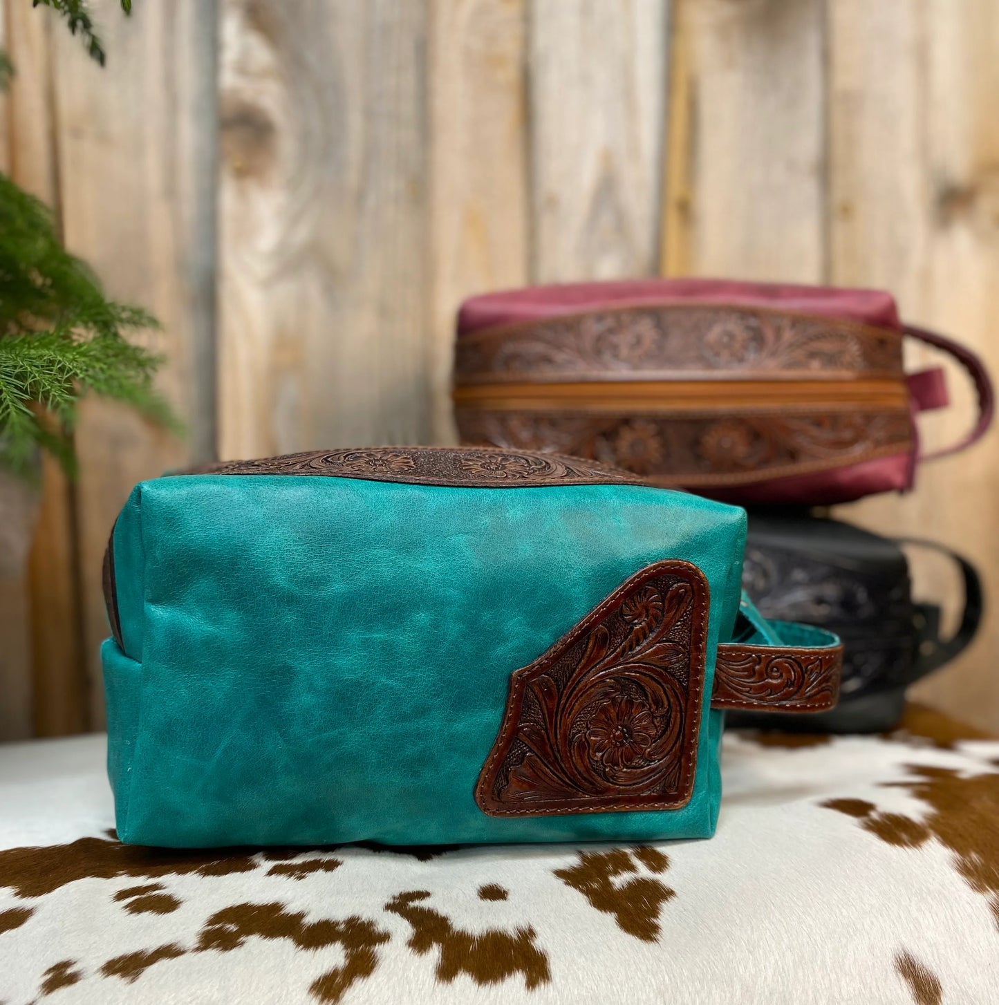 Turquoise Leather and Tooled Toiletry Bag