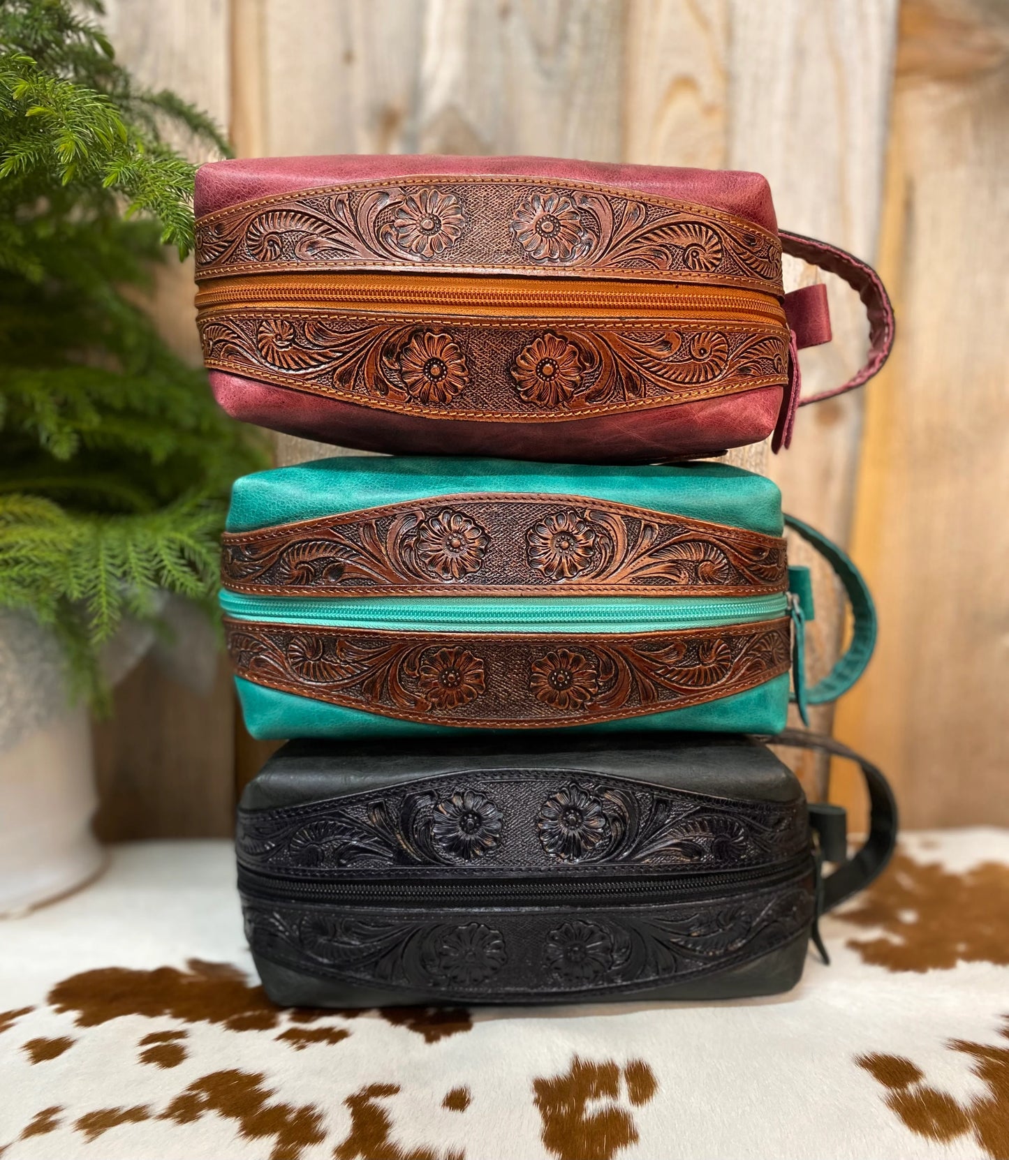 Turquoise Leather and Tooled Toiletry Bag
