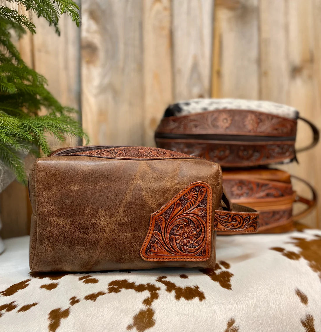 Brown Leather and Tooled Toiletry Bag