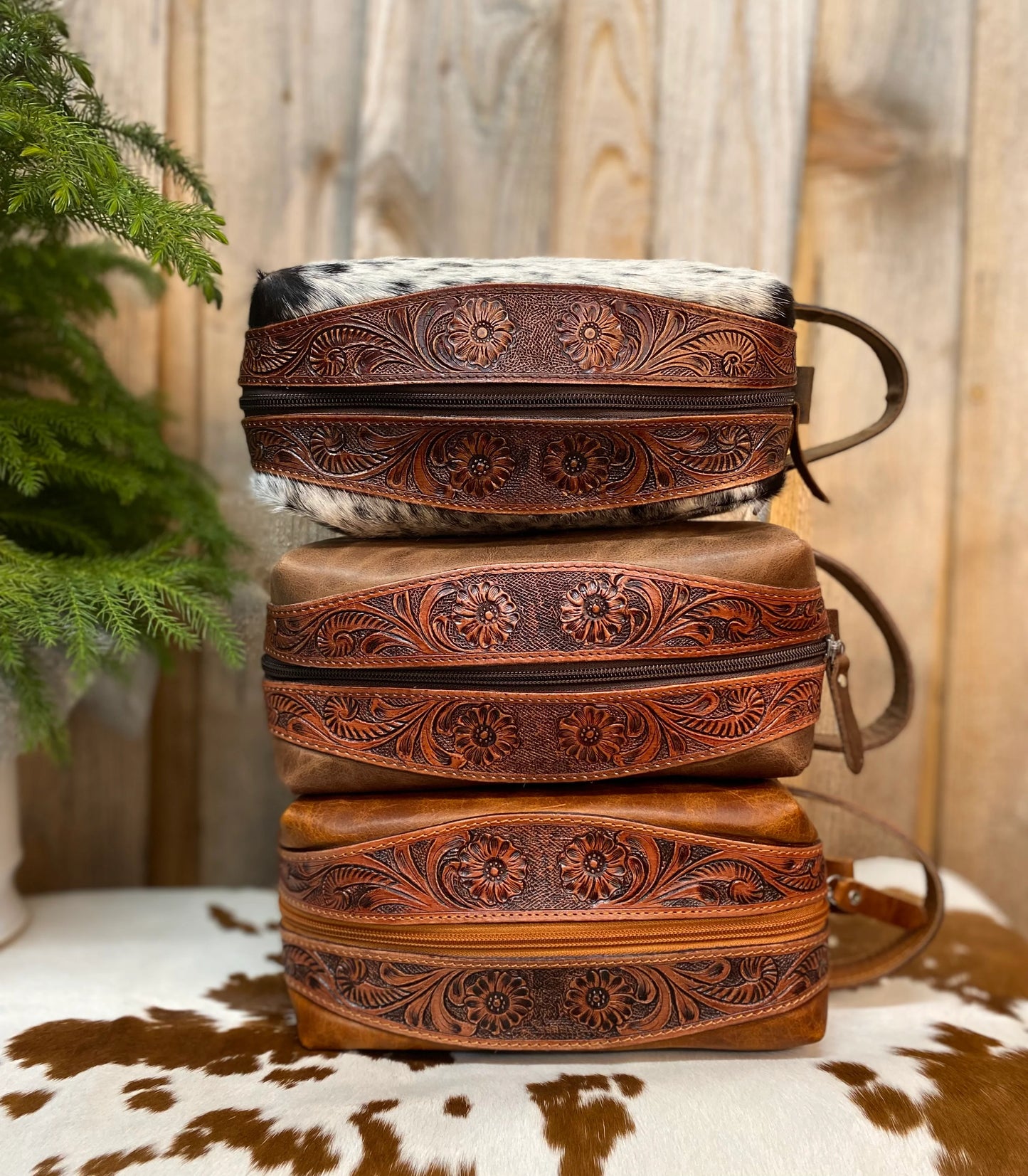 Brown Leather and Tooled Toiletry Bag