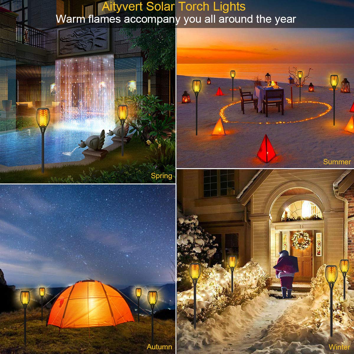 4-Pack Solar Flickering Flames Torch Lights Outdoor Dusk to Dawn Auto On/Off 29 Inch