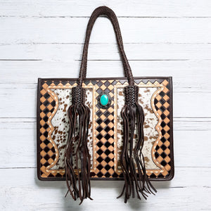 BROWN CHECKER TOOLED & COWHIDE FRINGE TOTE BAG