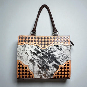 BROWN CHECKER TOOLED & COWHIDE TOTE BAG