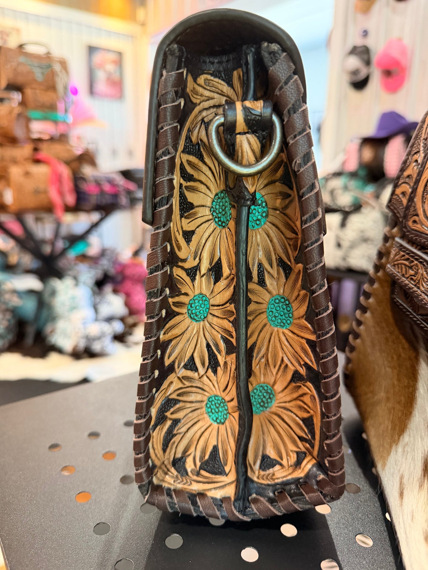 SUNFLOWER TOOLED LEATHER & COWHIDE SHOULDER BAG