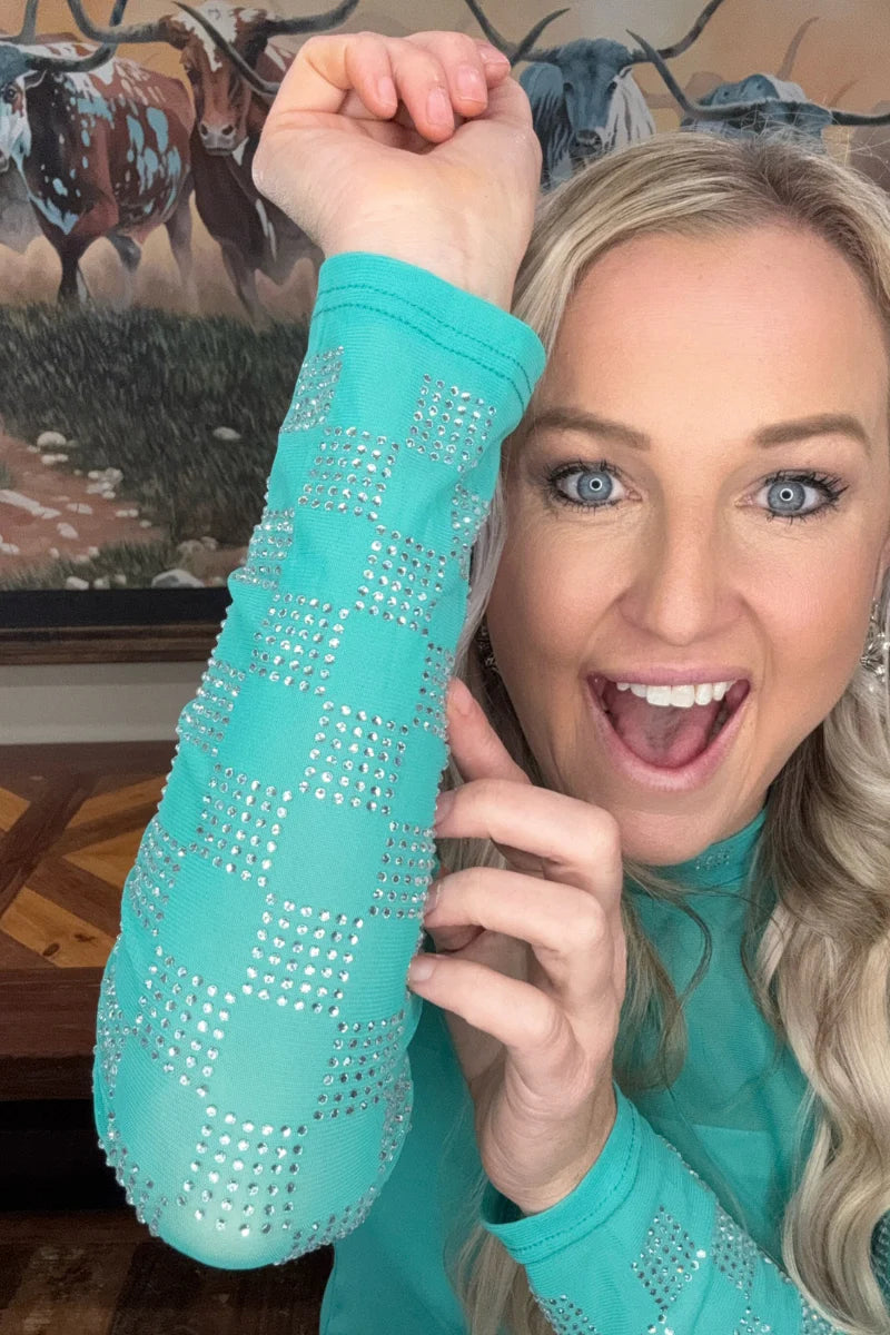 Checked in Turquoise Mesh top