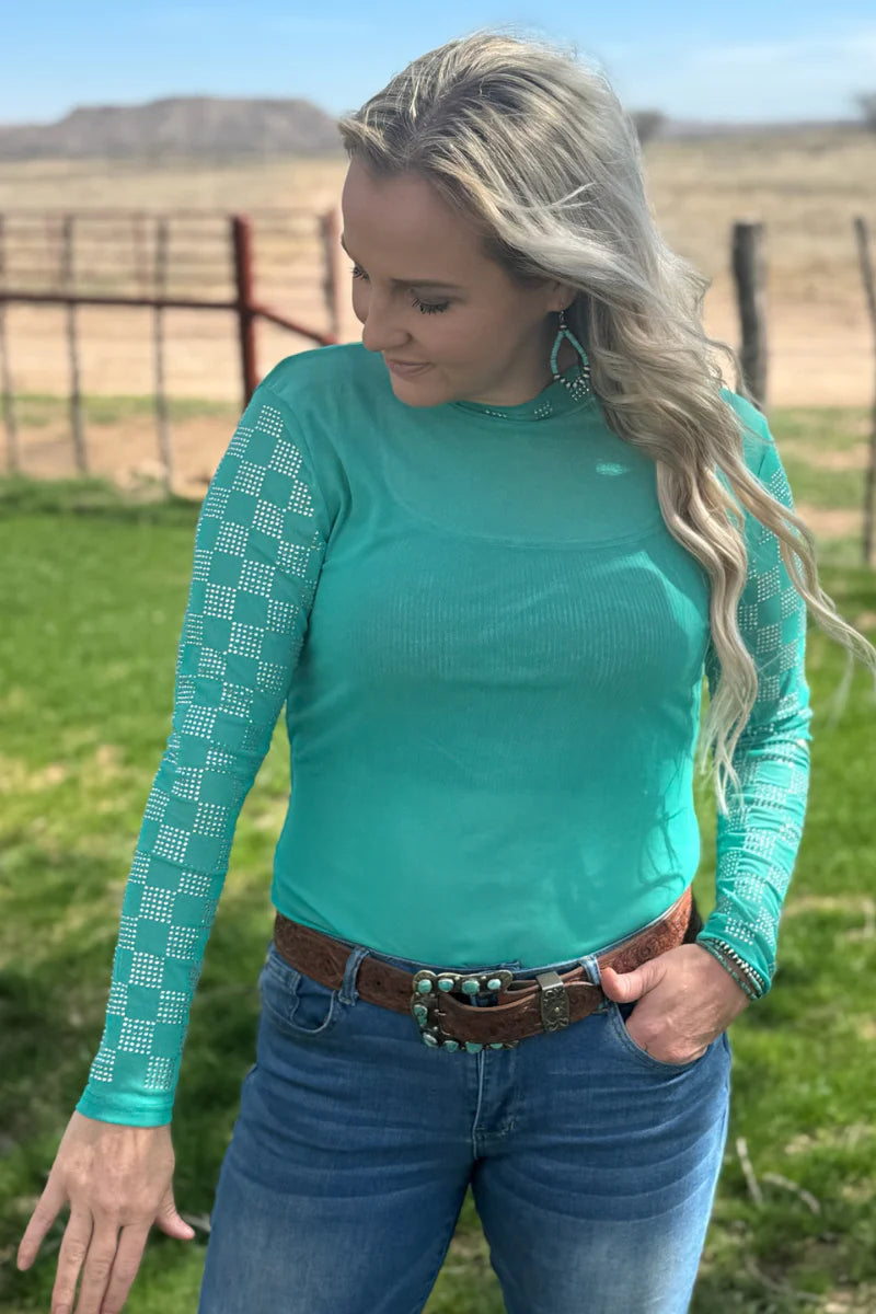 Checked in Turquoise Mesh top