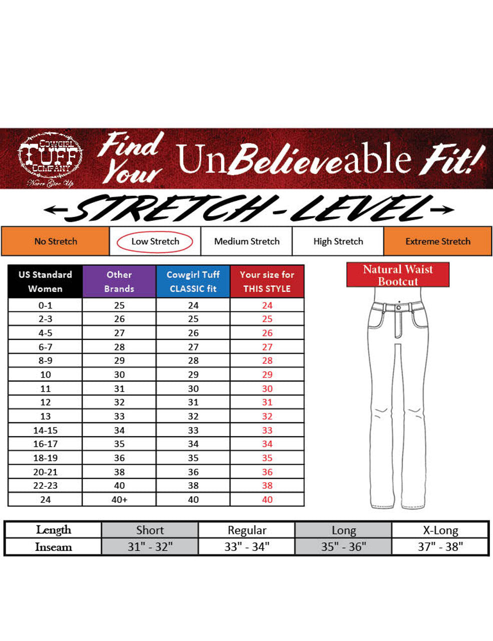 Western Spirit Cowgirl Tuff Jean size 35 Long (35-36)