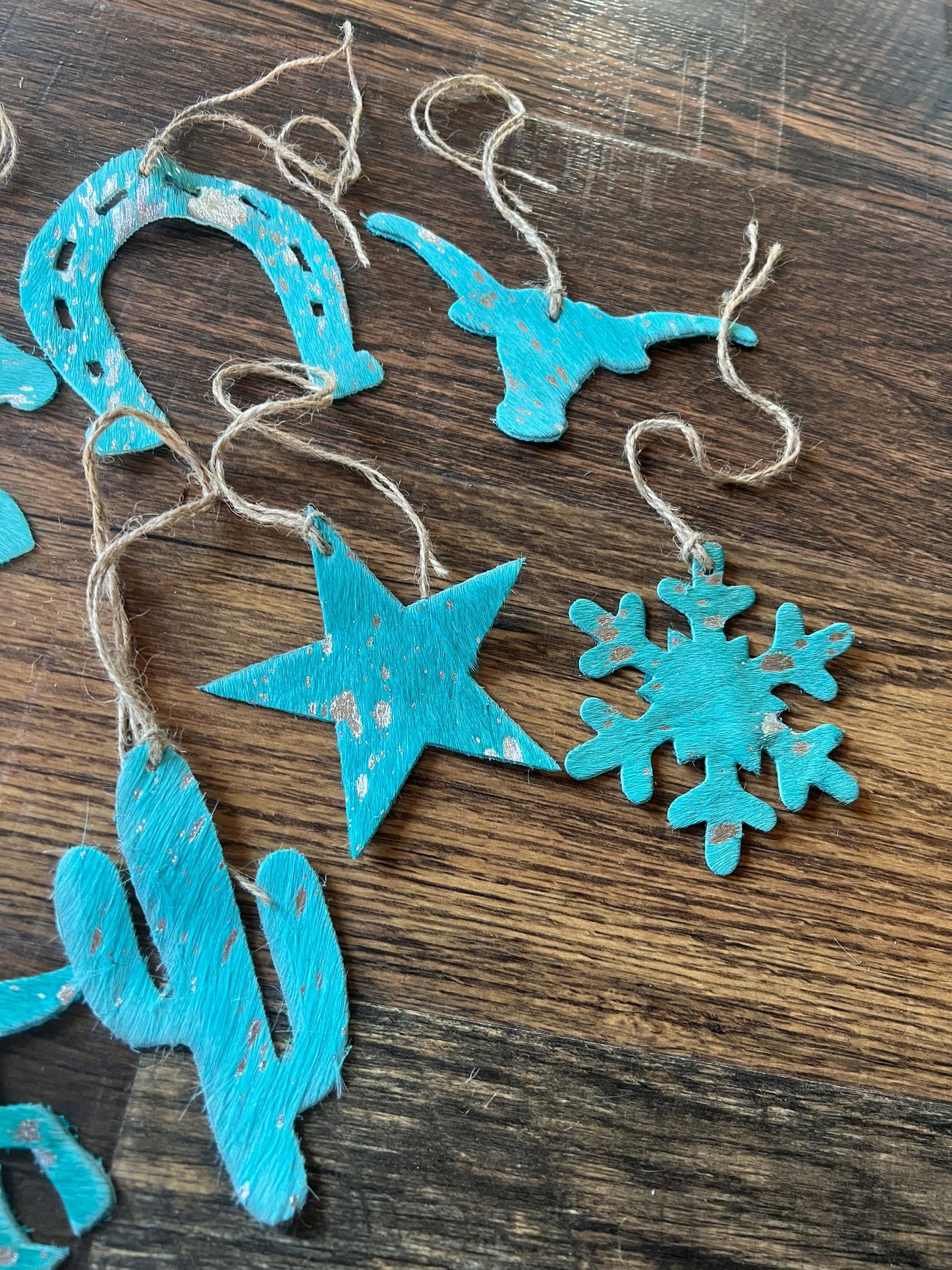 Teal Leather Cowhide Christmas Ornament - Sold Individually