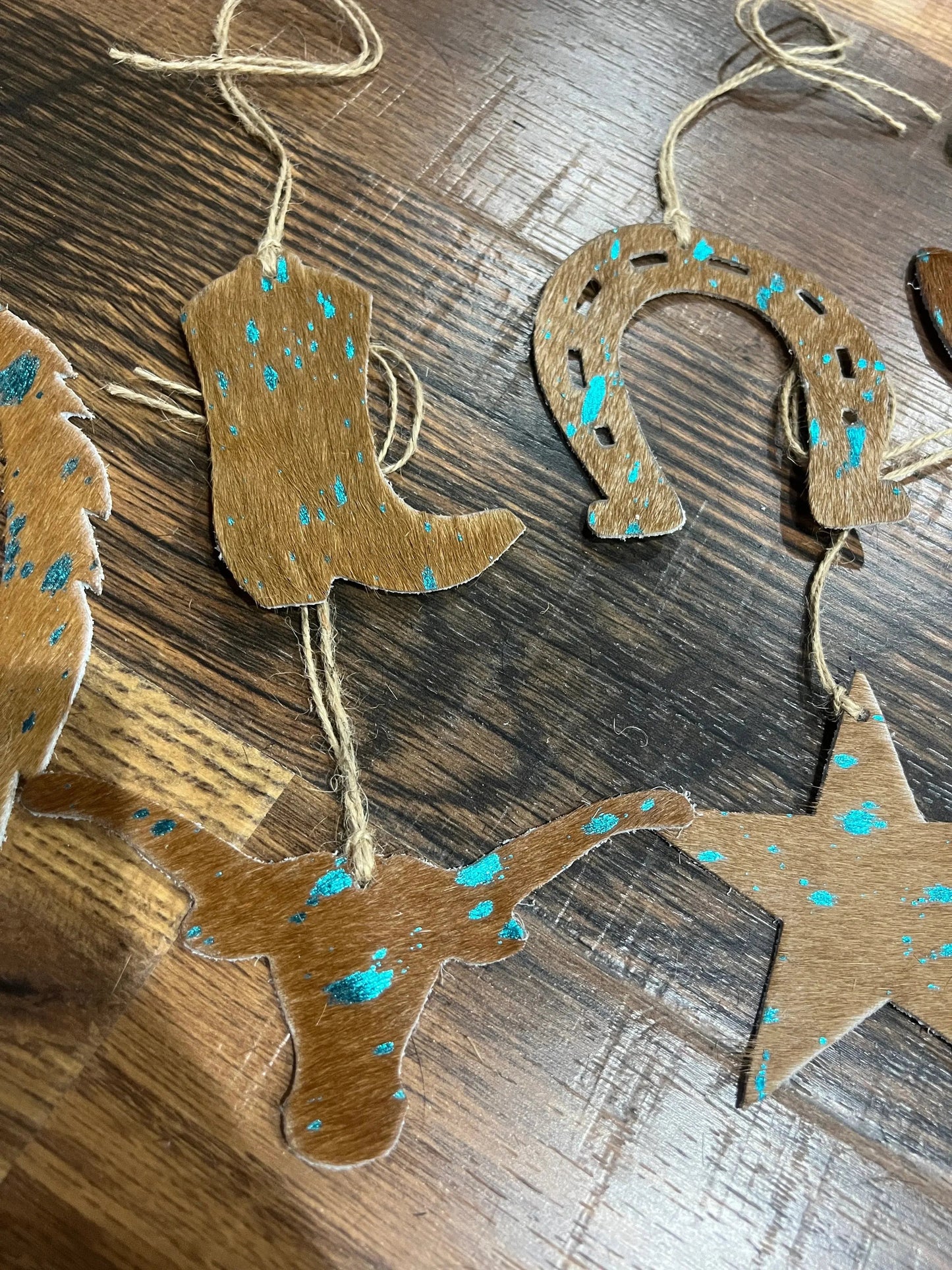 TEAL/BROWN ACID WASH Leather Cowhide Christmas Ornament - Sold Individually